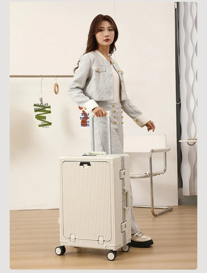 Suitcase Front Opening Pocket Aluminum Alloy Frame Rolling Luggage with USB Charging Plug Trolley Carry-on Case Bag with Wheel