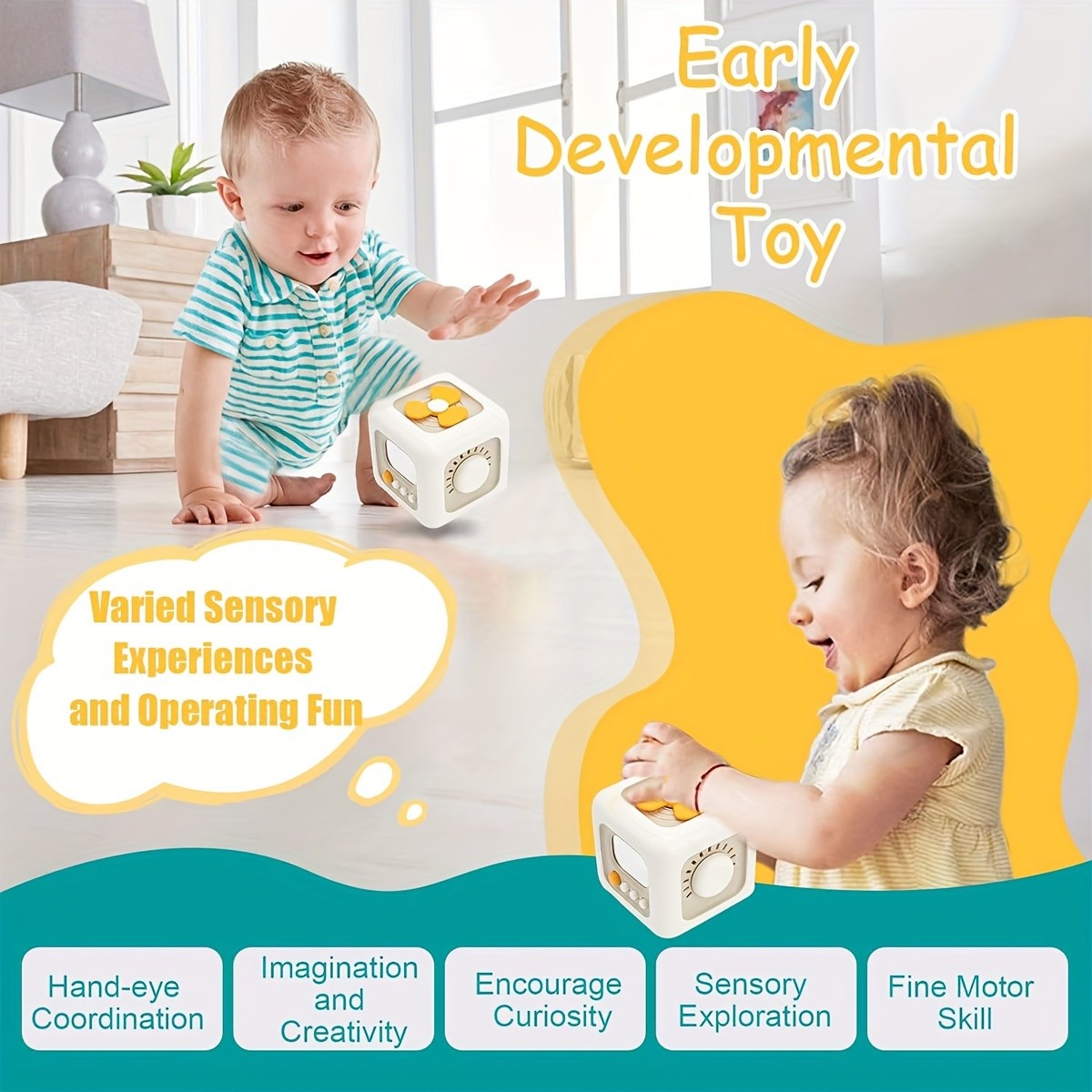 6-in-1 Busy Cube Toy for Baby - Enhances Fine Motor Skills & Early Learning, White with Yellow Accents, Montessori Puzzle Toy