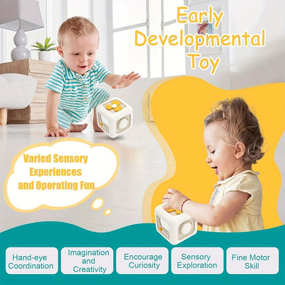 6-in-1 Busy Cube Toy for Baby - Enhances Fine Motor Skills & Early Learning, White with Yellow Accents, Montessori Puzzle Toy