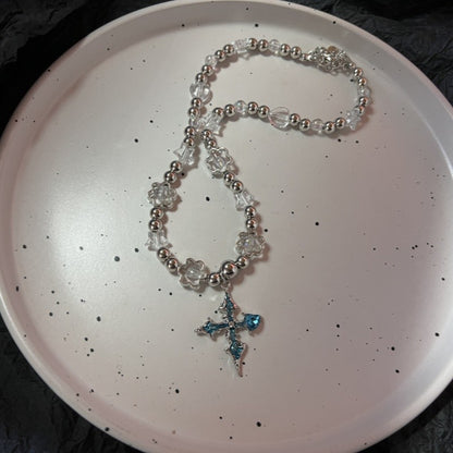 Trendy Punk Blue Cross Pendant Sliver Color Chain Necklace For Women Men Fashion Gothic Y2K Charms Hip Hop Jewelry Accessories