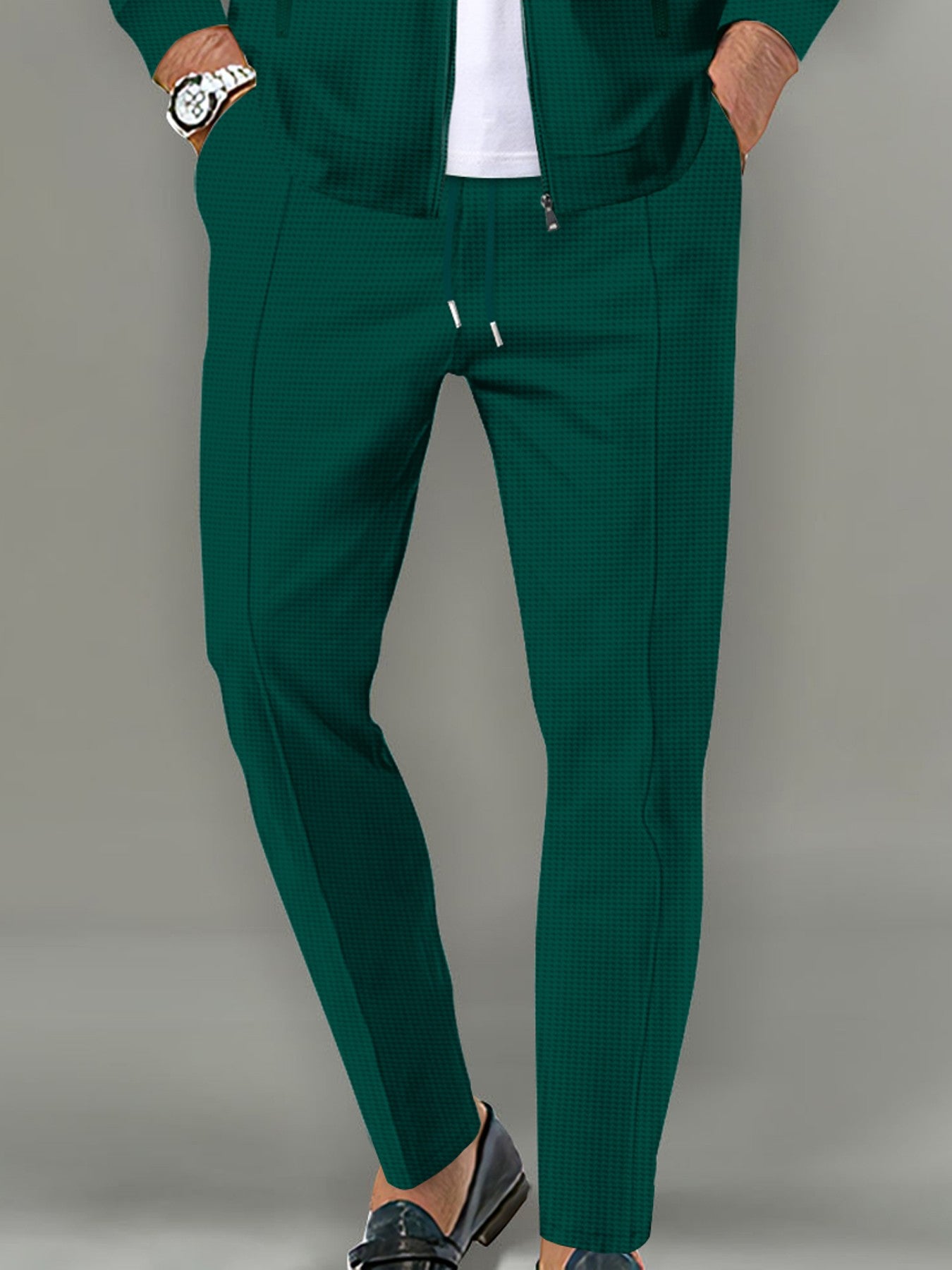 Calça Masculina Casual de Waffle de Cintura Média Calça Leve e Elegante Adequada para Todas as Estações