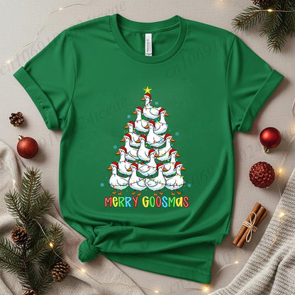 Funny Merry Goosmas T-Shirts for Women,Trendy Christmas Goose Shirt Design,Christmas Tree Party T-Shirts for Women Men Clothes