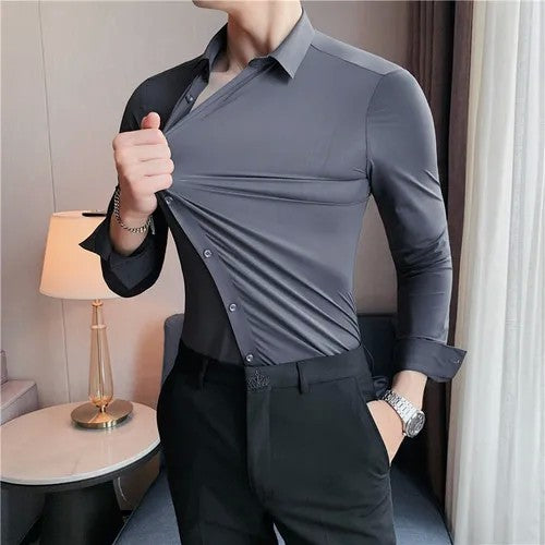 Men's Long Sleeved Elastic Shirt No Ironing Business Wear Professional Workwear Stand Up Collar Shirt Casual Solid Color Shirt