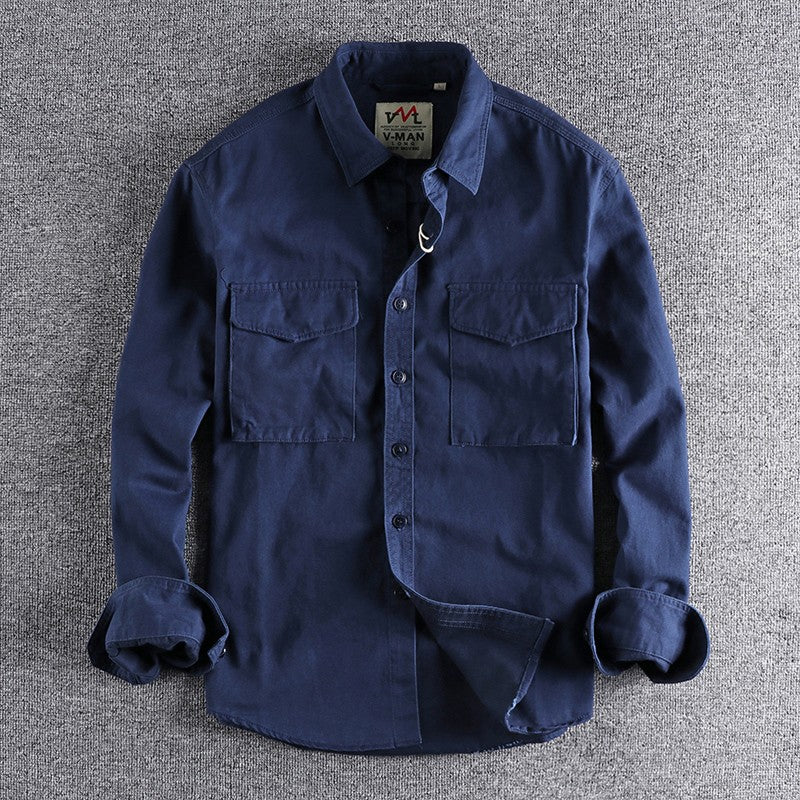 Spring New Japanese Retro Long-Sleeve Lapel Woven Cargo Shirt Men's Simple 100% Cotton Washed Double Pocket Casual Youth Blouses