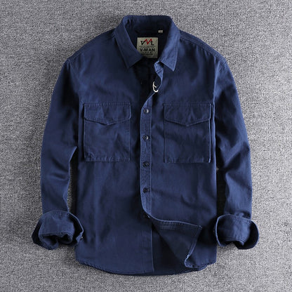 Spring New Japanese Retro Long-Sleeve Lapel Woven Cargo Shirt Men's Simple 100% Cotton Washed Double Pocket Casual Youth Blouses