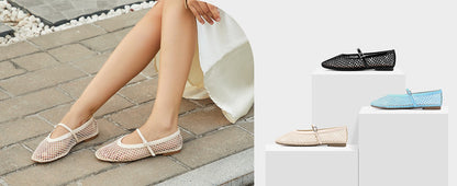 Women‘s Mesh Ballet Flats Comfortable Square Toe Ballerina Flats Buckle Strap Casual Fishnet Flat Shoes
