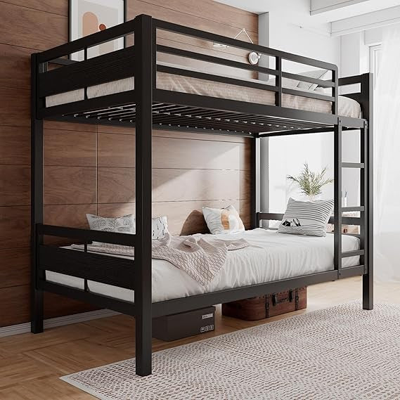 Cama de Metal Beliche para Adultos, com Escada e Guarda-Corpo, Espaço de Armazenamento Embaixo da Cama, Não Requer Box Spring