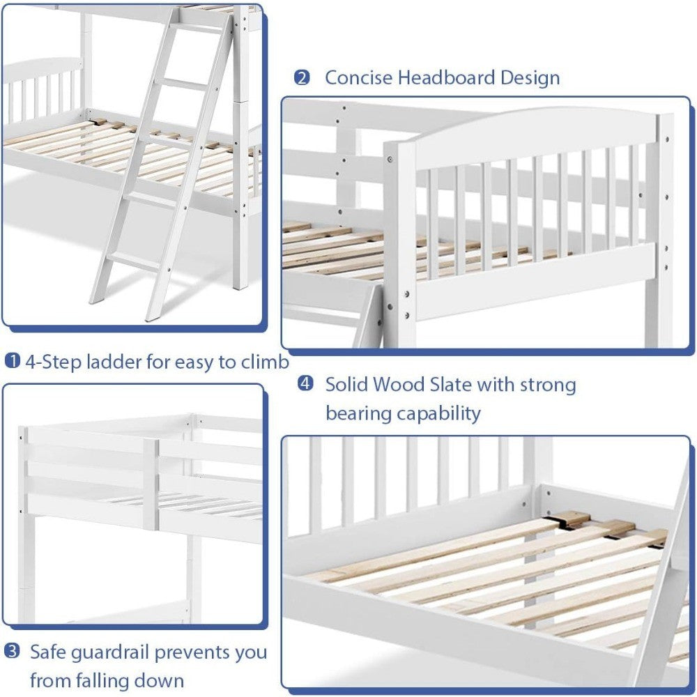 Twin Over Twin Bunk Beds, Convertible Into Two Individual Solid Rubber Wood Beds, Space Saving Design,