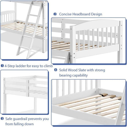 Twin Over Twin Bunk Beds, Convertible Into Two Individual Solid Rubber Wood Beds, Space Saving Design,