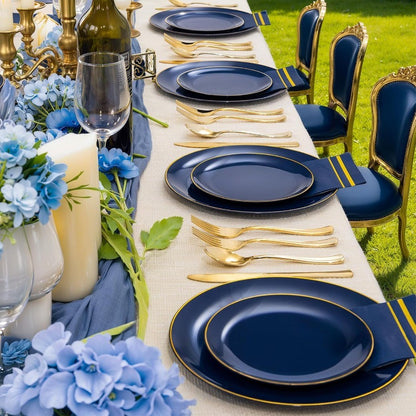 350PCS Navy Blue Plastic Plates Blue Disposable Dinnerware Set for 50 Guests 100 Dinner Dessert Plates 150 Gold Silverware 50 C