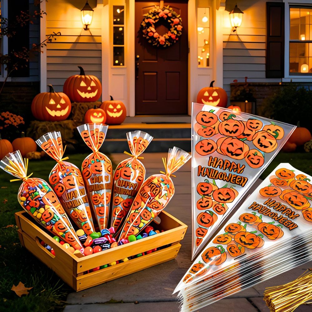 50/100pcs Cute Pumpkin Triangle Candy Bags Happy Halloween Print Cone Snack for Party Giveaways YMY
