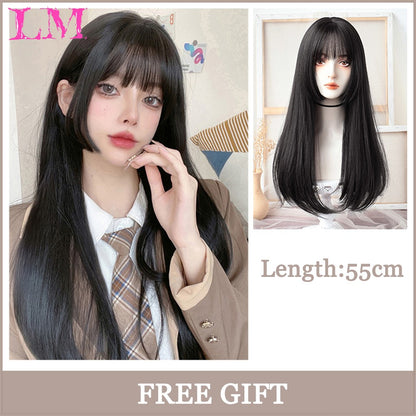 LM Medium Length Pink Cosplay Wig Heat Resistant Costume Party Synthetic Wigs 2 Clip On Ponytail 7 Colors