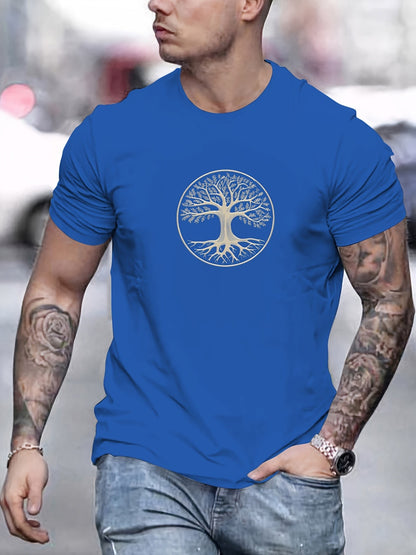 Men's summer 100% pure cotton fashionable casual sports wide pine pattern printed sports round neck short sleeved T-shirt top