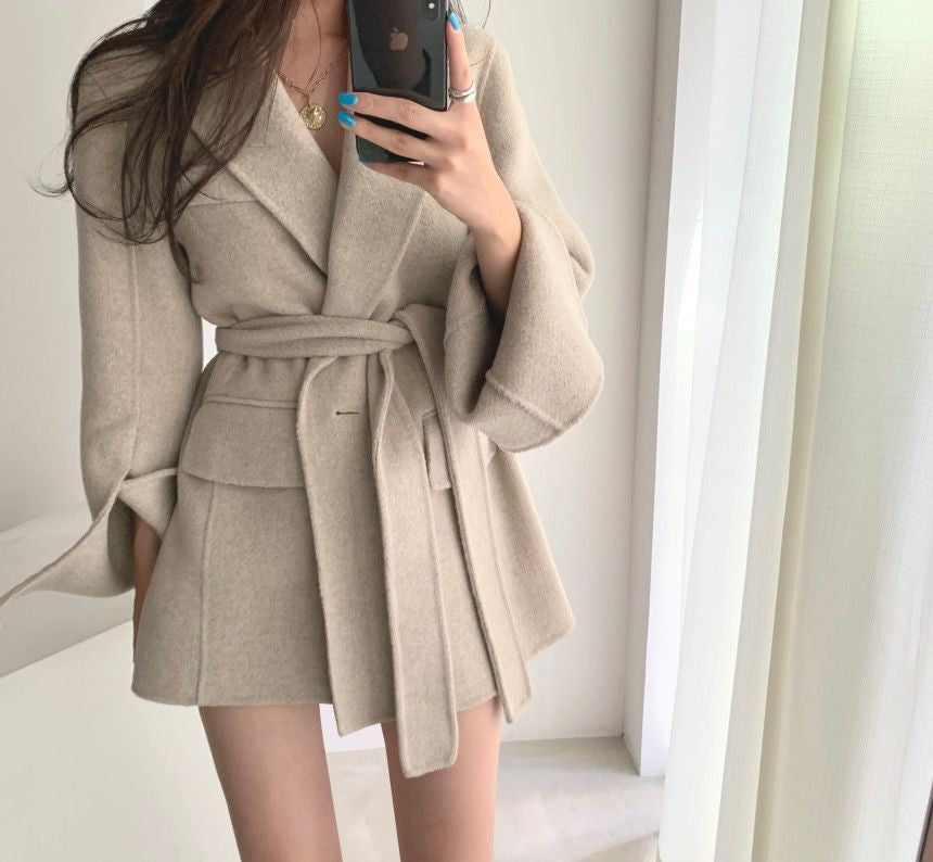 Retro Chic Autumn Winter Woolen Coat One Button Long Sve Suit Collar Waist Cinched Side Slit Warm Knitwear for Women