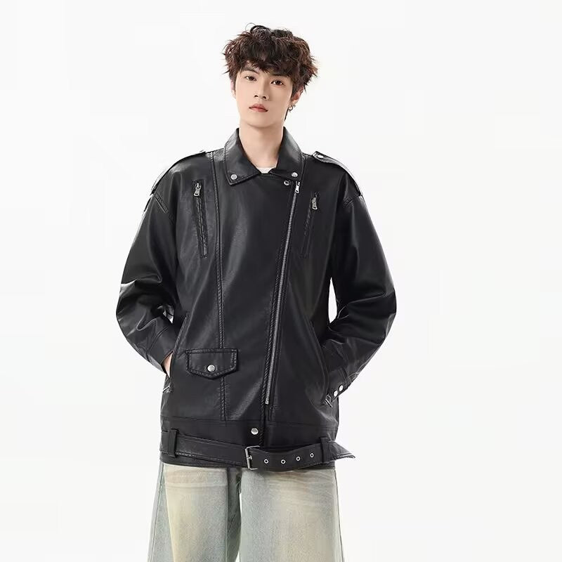 American Retro High Street Loose Motorcycle Biker Black Pu Faux Leather Jackets with Belt Spring Autumn Male Zipper Coat Outwear