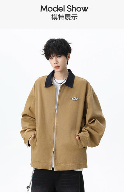 Maxbarley Trendy Cotton Jacket Men Autumn 2025 Hip-Hop Stitching Windproof Lapel Jackets K-Pop Antique Washed Motorcycle Coat