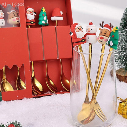 Stainless Steel Christmas Fork And Spoon Set with Gift Box for Coffee Tea Dessert Tableware
