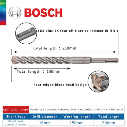 BOSCH Broca para Concreto e Madeira para Martelo Elétrico de Quatro Furos e Duas Ranhuras, de Duas Pontas, Série 5, com Haste Redonda