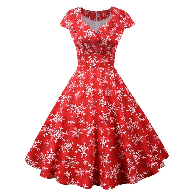 Fashion V-neck Short Sleeve Printed Christmas Dress Large Swing Vintage Elegant Xmas Party Dress