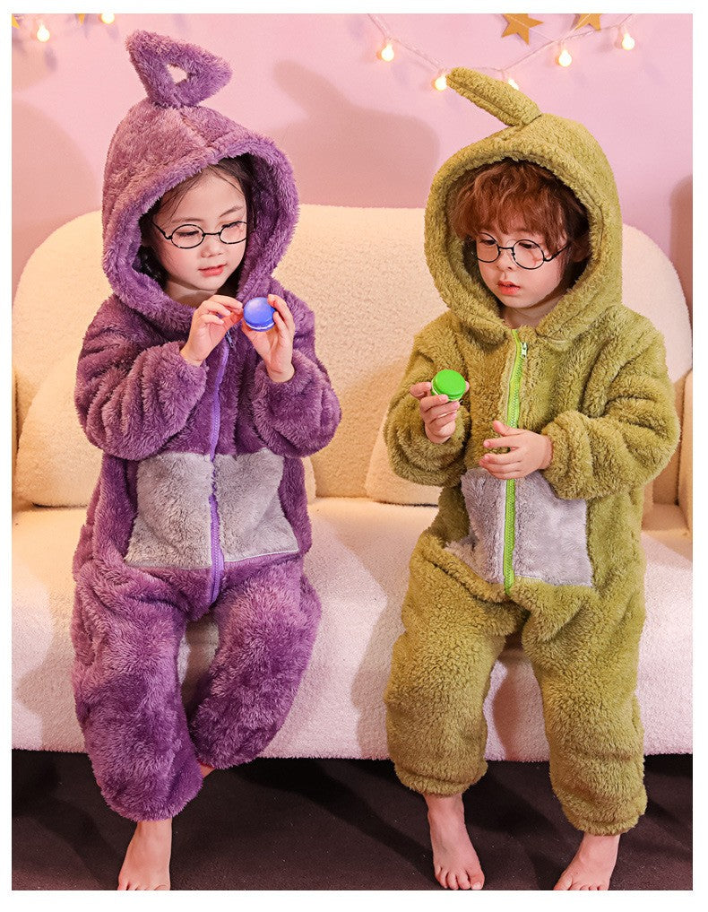 Adult Kids Teletubbies Costumes Soft Long Sleeves Piece Pajamas Costume Lala Home Clothes Cosplay Adult Unisex HomeWear