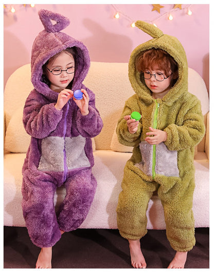 Adult Kids Teletubbies Costumes Soft Long Sleeves Piece Pajamas Costume Lala Home Clothes Cosplay Adult Unisex HomeWear