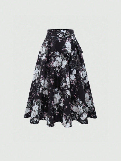 A lady's elegant half skirt with a bow tie and large flowers