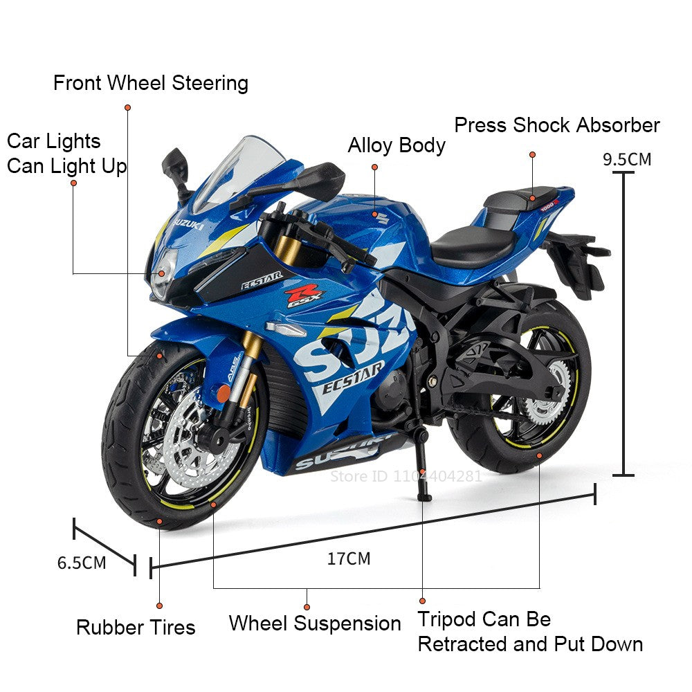 1:12 Suzuki GSX1000R R1250GS Liga Diecast Brinquedos Modelos de Motocicletas Carro com Luz Absorção de Choque Miniatura Moto Meninos Presentes
