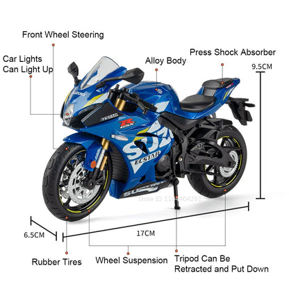 1:12 Suzuki GSX1000R R1250GS Liga Diecast Brinquedos Modelos de Motocicletas Carro com Luz Absorção de Choque Miniatura Moto Meninos Presentes