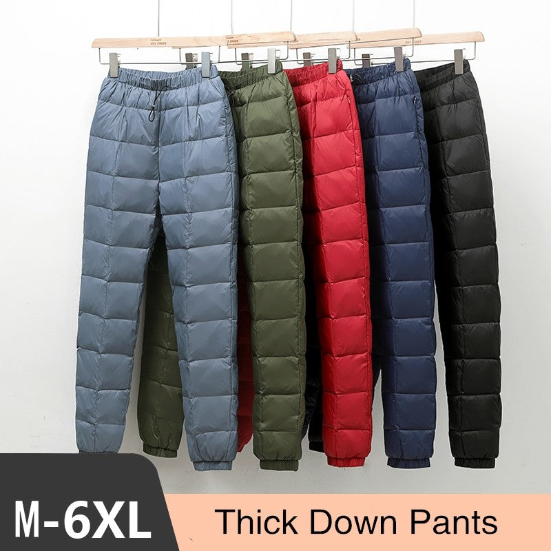 Calça Masculina/Feminina Plus Size de Pluma Grossa 2023 Nova Inverno Cintura Alta 90% Pluma de Pato Branca Quente Reta Calça Casual Feminina