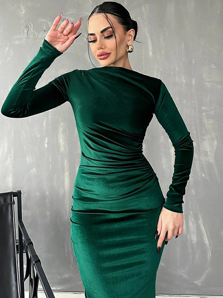 Dulzura 2024 Spring Summer Velvet Long Sleeve Midi Dress For Women Ruched Long D