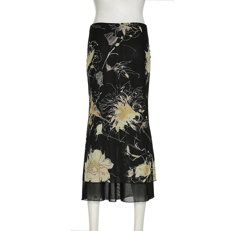 Goth Dark Y2K Aestheics Double Layer Mesh A-line Skirt Women Fashion Florals Pri