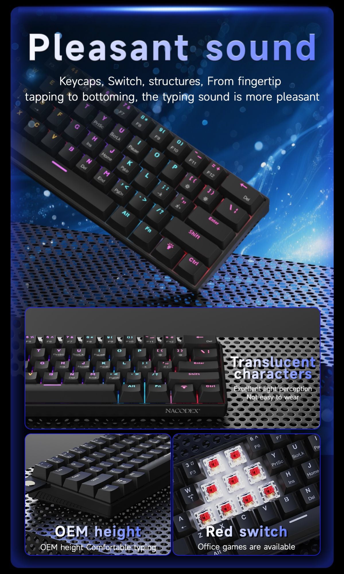Teclado Mecânico Gamer com Fio Ajazz NK61 Efeitos de Iluminação RGB Suporta Teclas Hot-Swappable 61 Teclas Teclado Mecânico Gamer