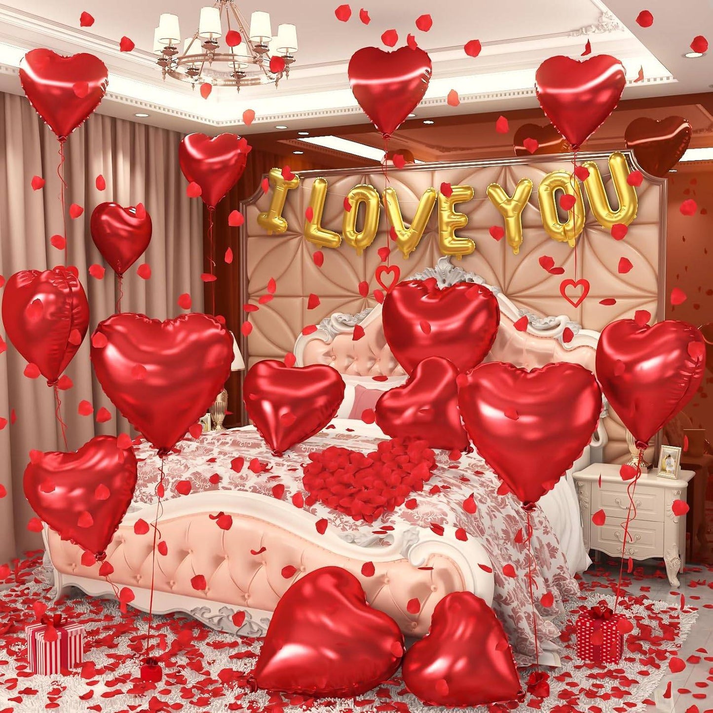 I Love You/Red Heart Love Foil Balloon 1000Pcs Rose Petals for Wedding Anniversary Valentine Day Romantic Special Night Party