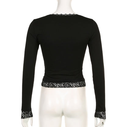 2000s Graphic T Shirt Vintage Fairy Grunge Women Autumn Lace Trim Long Sleeve Slim Fits Tops y2k Clothes Basic Harajuku Tees