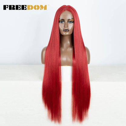 Peruca frontal de renda sintética FREEDOM para mulheres, 38 polegadas, longa, lisa, ombré, marrom, vermelho, gengibre, destaque, perucas frontais de renda, peruca de cosplay