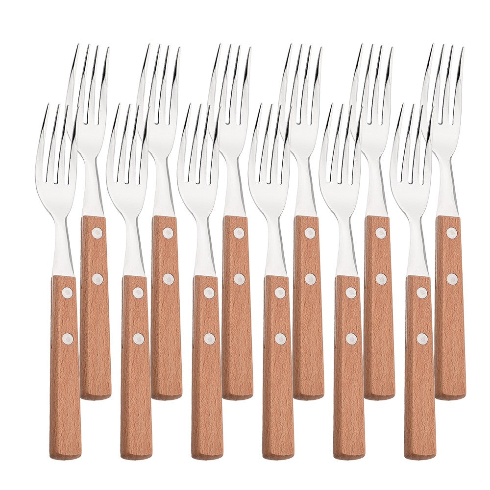 JANKNG 304 Stainless Steel Fork with Wooden Handle Tableware Cutlery Mirror Dinnerware Flatware Silverware Kitchen Accessories