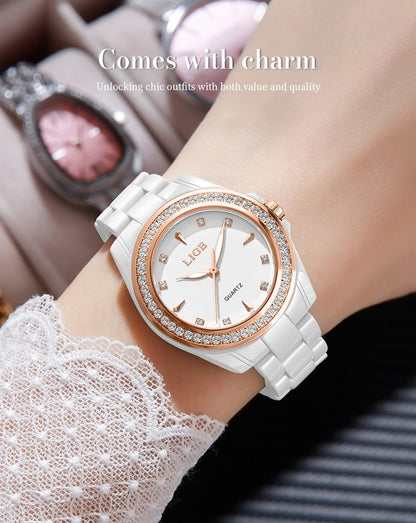 LIGE Fashion Elegant Watch for Women Ceramics Strap Diamond wristwatch Luxury Ladies Bracelet Quartz Watches Gifts Reloj Mujer