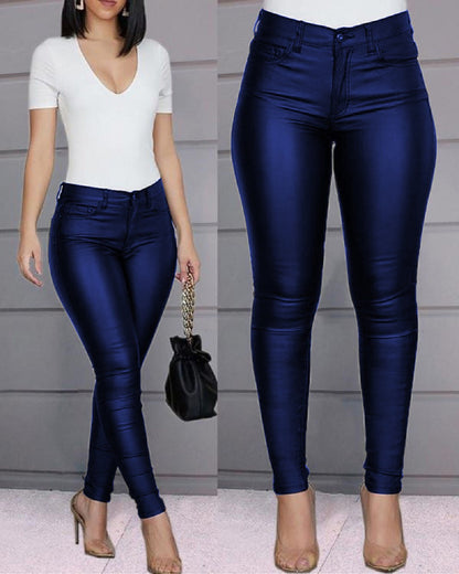 Solid color PU leather pants casual sexy pants
