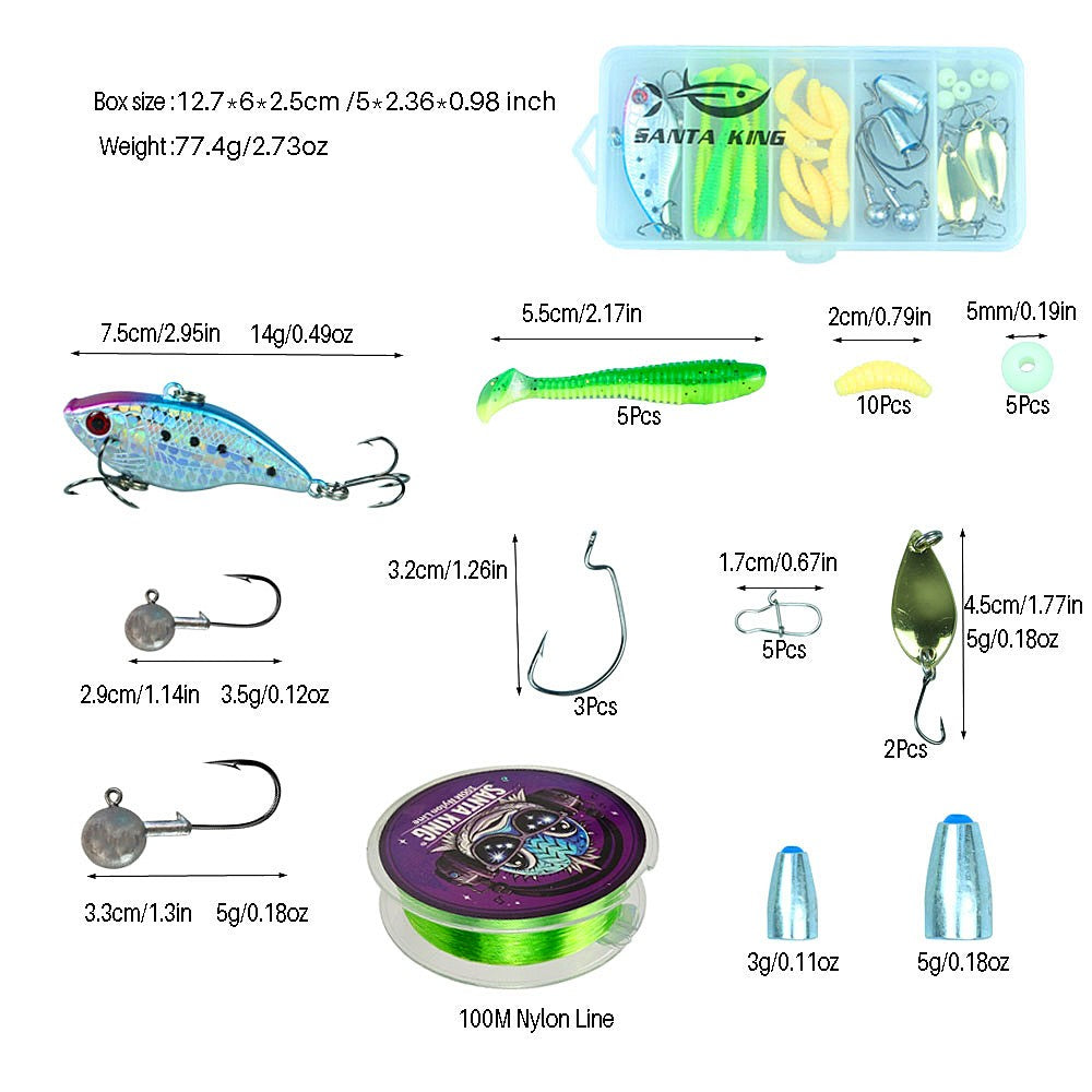 Combo Vara e Carretilha de Pesca Santa King - Kit Completo de Pesca com Vara Telescópica e Carretilha, Iscas, Anzóis, Conjunto de Vara para Viagem
