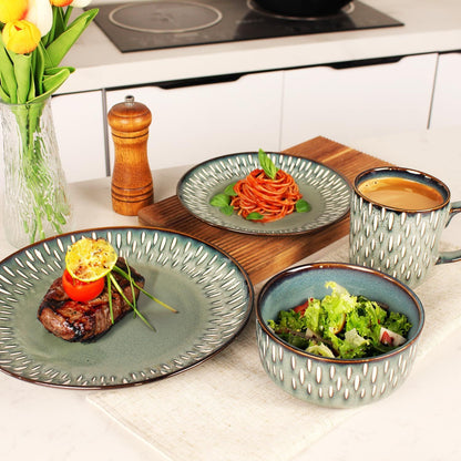 Conjuntos de Louça de 16 Peças – Louça Redonda de Cerâmica Esmaltada Reativa – Louça de Cozinha de Porcelana com Prato de Jantar, Tigela e P
