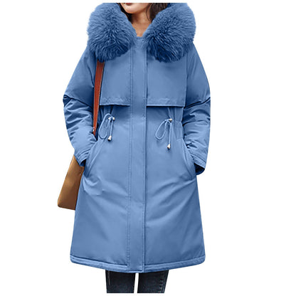Ladies' Casual Warm And Versatile Large Fur Collar Solid Color Thick Cotton Coat Jacket For Outdoor Daily Wear