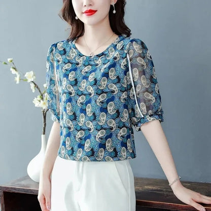 Women Summer Style Chiffon Blouses Shirts Lady Casual Short Puff Sleeve O-Neck Flower Printed Blusas Tops