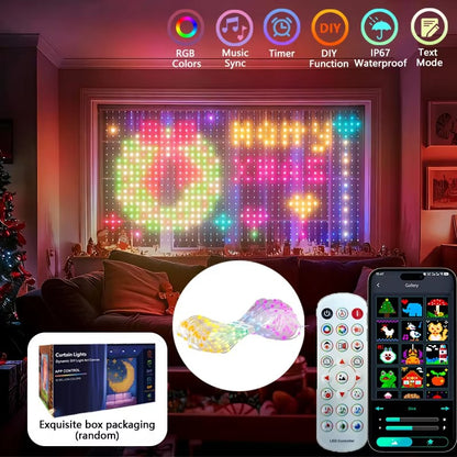 RGB Curtain String Lights Music Sync Text Display Fairy Light App Controlled DIY Christmas Curtain Light Wall Room Decor 3M