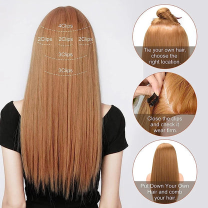 Extensões de Cabelo Sintéticas Lisas Longas com 16 Grampos para Mulheres e Meninas Acessórios para Cabelo