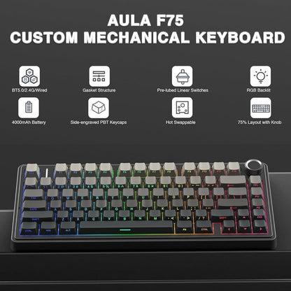 Teclado Mecânico Gamer AULA F75 RGB Layout 75% Personalizado Gravação Lateral Montagem Gasket 80 Teclas Keycaps PBT Gradiente