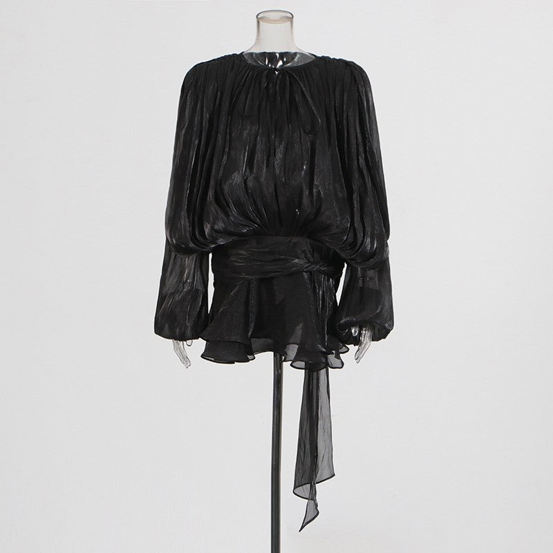 TWOTWINSTYLE Elegant Ruched Mini Dress For Women Round Neck Lantern Long Sleeve