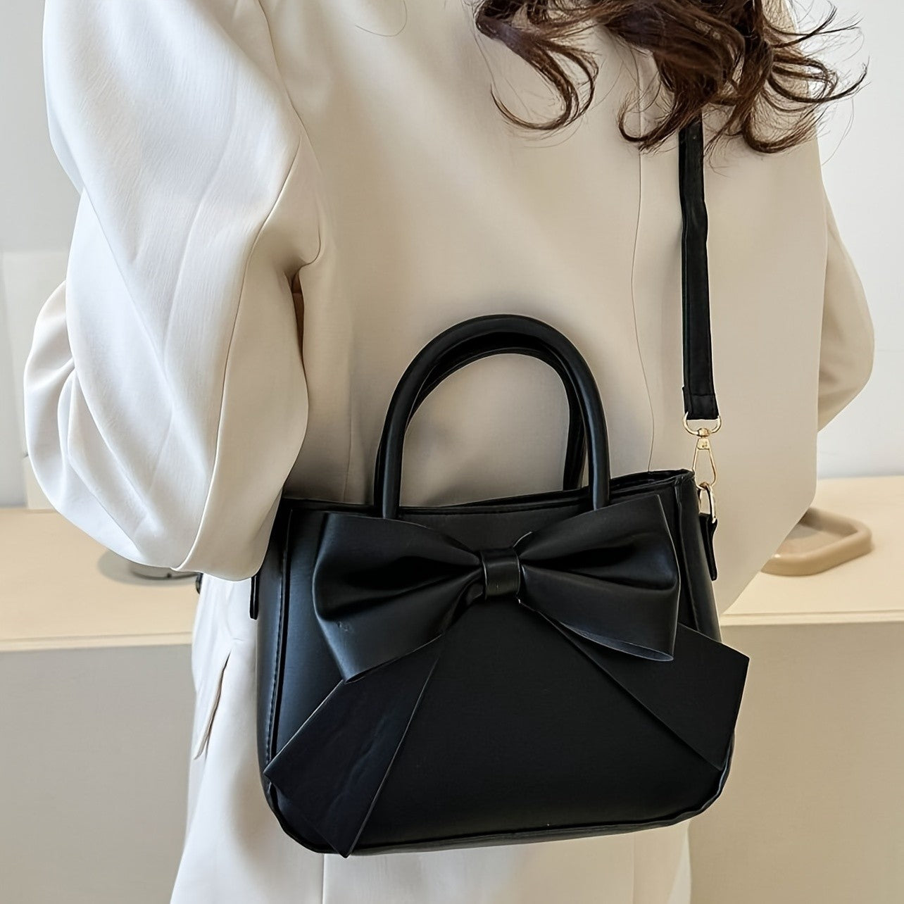 Elegant Black Bow Decorative Handbag Shoulder Crossbody Bag with Golden Hardware and Detachable Horizontal Strap, Stylish Daily