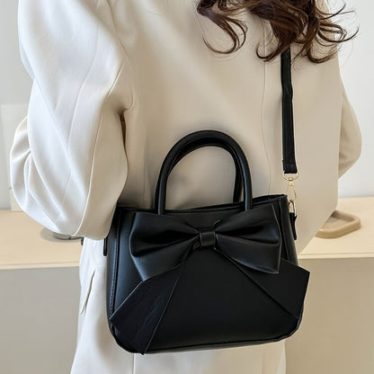 Elegant Black Bow Decorative Handbag Shoulder Crossbody Bag with Golden Hardware and Detachable Horizontal Strap, Stylish Daily