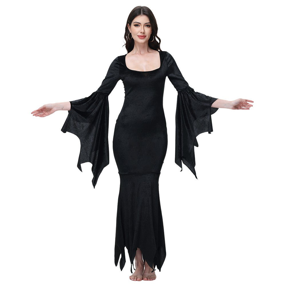 [You're My Secret] Halloween Morticia Adams Primate Black Adams Family Dress Retro Gothic Flared Sleeve Fishtail Dress Vestido