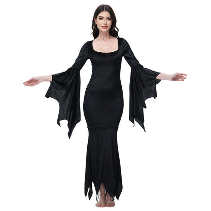 [You're My Secret] Halloween Morticia Adams Primate Black Adams Family Dress Retro Gothic Flared Sleeve Fishtail Dress Vestido